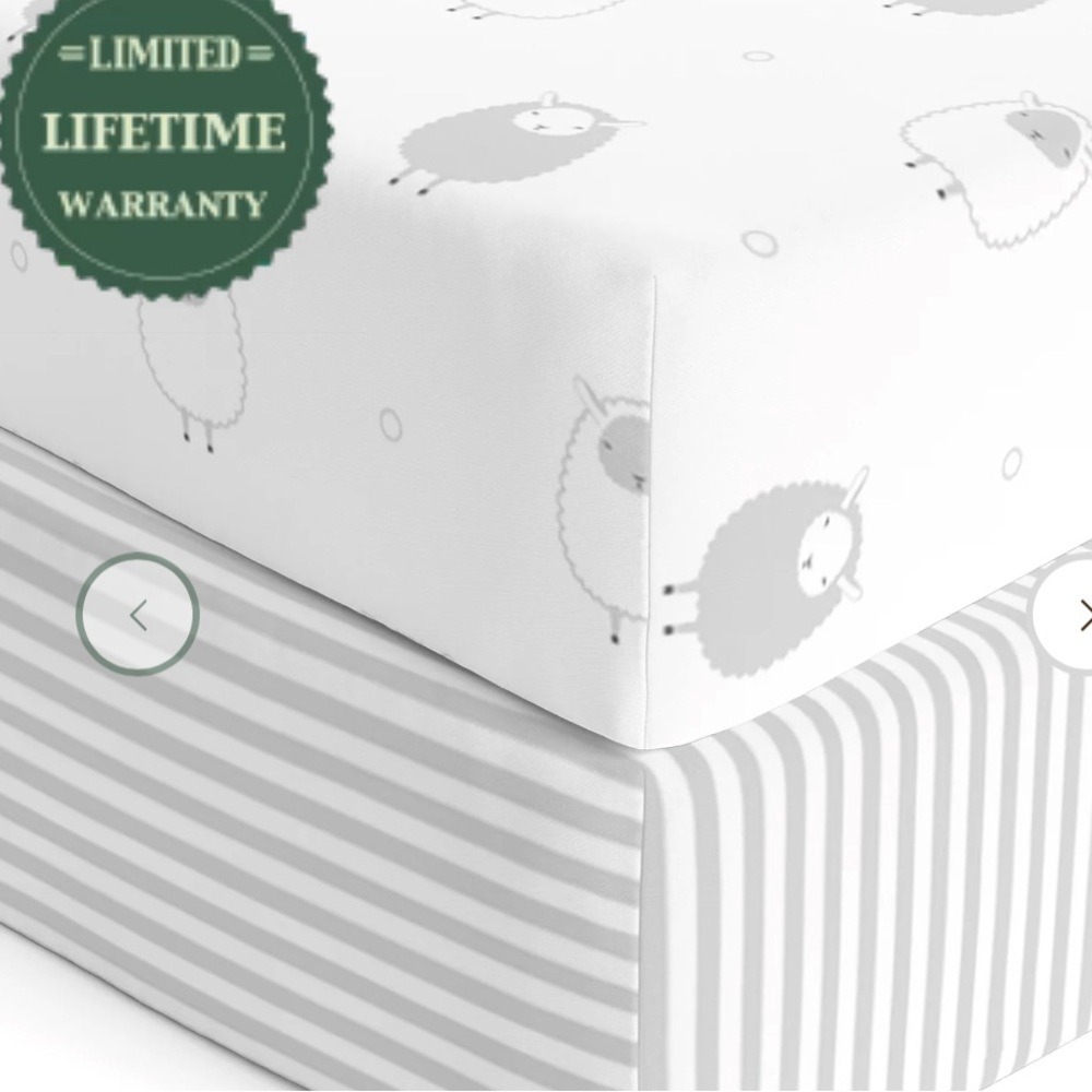 NWOT Fitted Crib Sheets Set 2 Pack Grey Stripes, Sheep Standard 28 X 52 Mattress